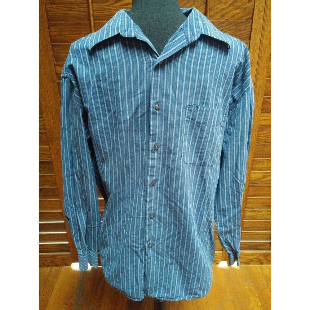 Perry Ellis Men's XL Blue Striped Cotton Long Sleeve Button-Up Shirt Long Sleeve